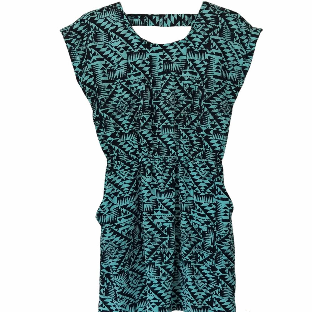 PINK REPUBLIC Aqua Black Empire Waist Short Dress Sleeveless Size M